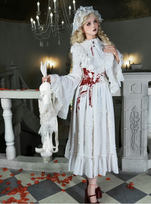 Cross Figure Series White Lace Stand Collar Ruffle Cross Red Imitation Bloodstain Embroidery Gothic Lolita Long Sleeve Dress Waist Seal Bib Set