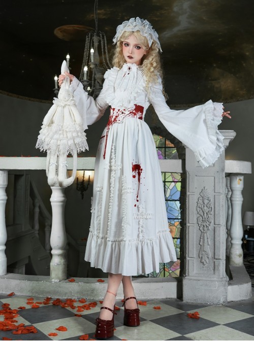 Cross Figure Series White Lace Stand Collar Ruffle Cross Red Imitation Bloodstain Embroidery Gothic Lolita Long Sleeve Dress Waist Seal Bib Set