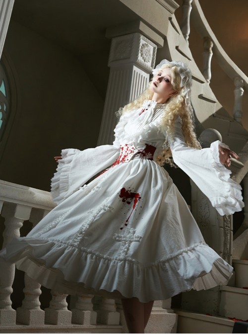 Cross Figure Series White Lace Stand Collar Ruffle Cross Red Imitation Bloodstain Embroidery Gothic Lolita Long Sleeve Dress Waist Seal Bib Set