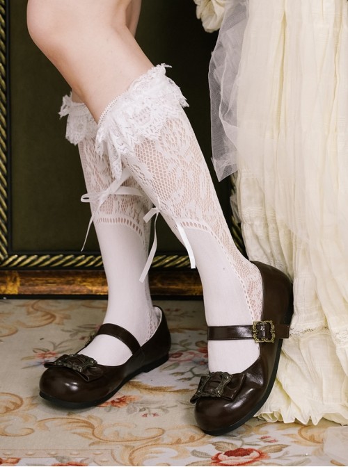 Coco Frame Series Elegant Retro Round Toe Metal Frame Bowknot Classic Lolita Flats Shoes