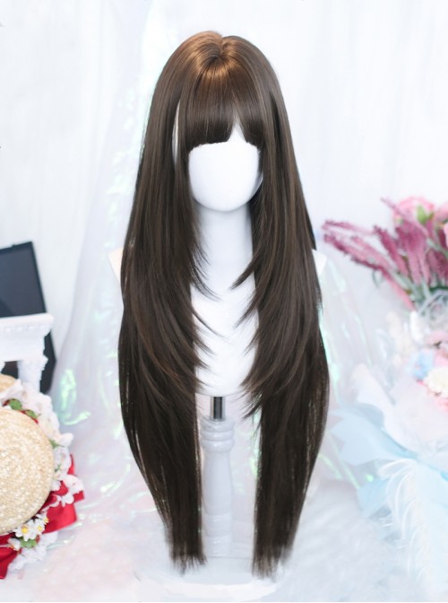Smoky Willow Series Cold Brown Simple Gentle Layered Bangs Full Head Wig Long Straight Classic Lolita Wig