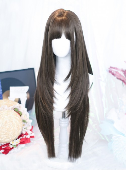 Smoky Willow Series Cold Brown Simple Gentle Layered Bangs Full Head Wig Long Straight Classic Lolita Wig