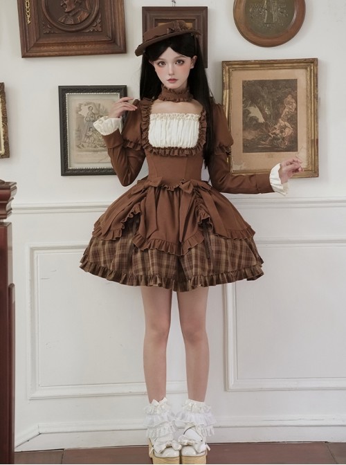 Oak Tribute Series Brown Plaid Square Neck White Lace Classic Lolita Long-Sleeved Short Dress Choker Hat Bowknot Set