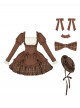 Oak Tribute Series Brown Plaid Square Neck White Lace Classic Lolita Long-Sleeved Short Dress Choker Hat Bowknot Set