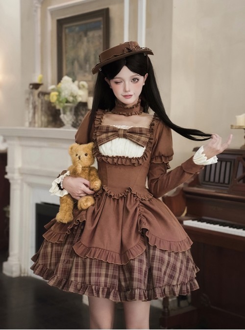 Oak Tribute Series Brown Plaid Square Neck White Lace Classic Lolita Long-Sleeved Short Dress Choker Hat Bowknot Set