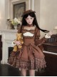 Oak Tribute Series Brown Plaid Square Neck White Lace Classic Lolita Long-Sleeved Short Dress Choker Hat Bowknot Set