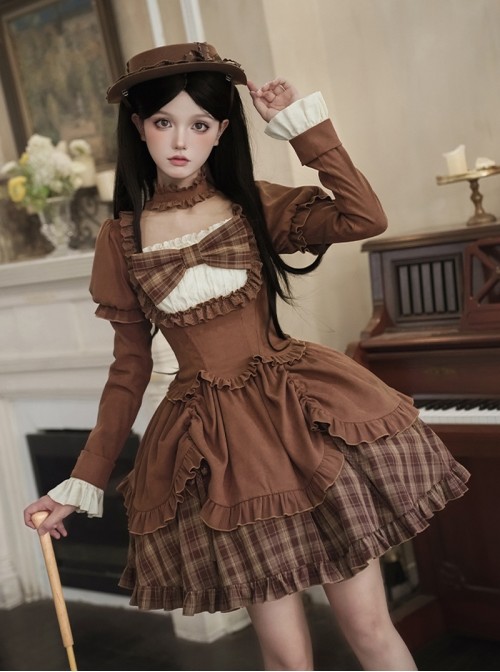 Oak Tribute Series Brown Plaid Square Neck White Lace Classic Lolita Long-Sleeved Short Dress Choker Hat Bowknot Set