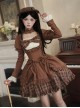 Oak Tribute Series Brown Plaid Square Neck White Lace Classic Lolita Long-Sleeved Short Dress Choker Hat Bowknot Set