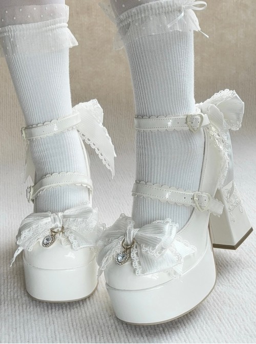 Fallen Cherry Dream Series Exquisite Bowknot Lace Cute Stripes Heart Diamond Pearl Decoration Sweet Lolita High Heel Leather Shoes