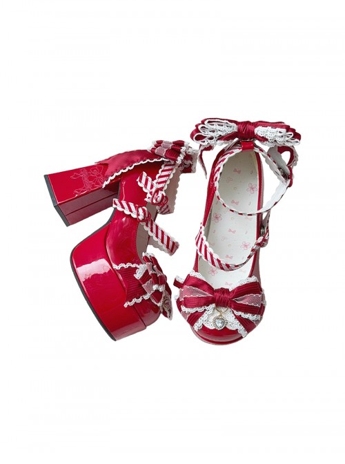 Fallen Cherry Dream Series Exquisite Bowknot Lace Cute Stripes Heart Diamond Pearl Decoration Sweet Lolita High Heel Leather Shoes
