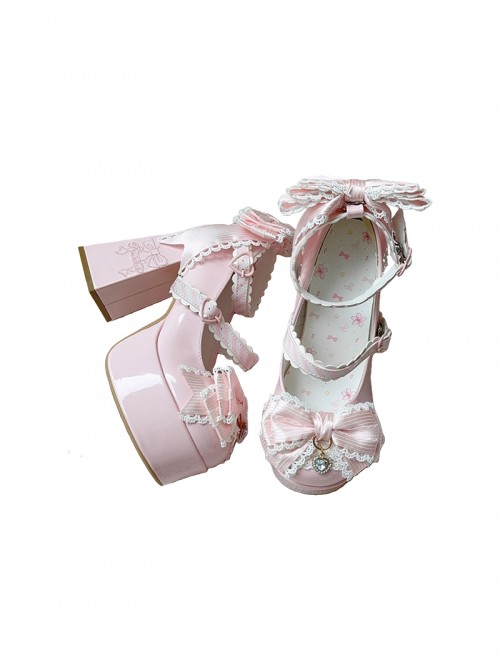 Fallen Cherry Dream Series Exquisite Bowknot Lace Cute Stripes Heart Diamond Pearl Decoration Sweet Lolita High Heel Leather Shoes