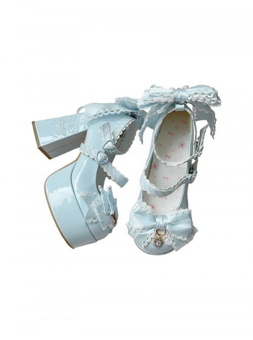 Fallen Cherry Dream Series Exquisite Bowknot Lace Cute Stripes Heart Diamond Pearl Decoration Sweet Lolita High Heel Leather Shoes