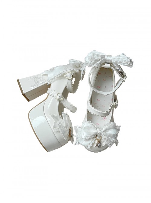 Fallen Cherry Dream Series Exquisite Bowknot Lace Cute Stripes Heart Diamond Pearl Decoration Sweet Lolita High Heel Leather Shoes