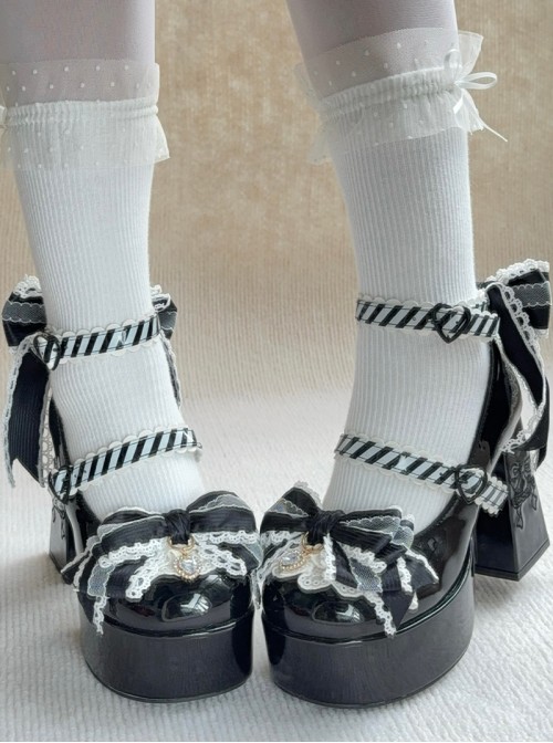 Fallen Cherry Dream Series Exquisite Bowknot Lace Cute Stripes Heart Diamond Pearl Decoration Sweet Lolita High Heel Leather Shoes