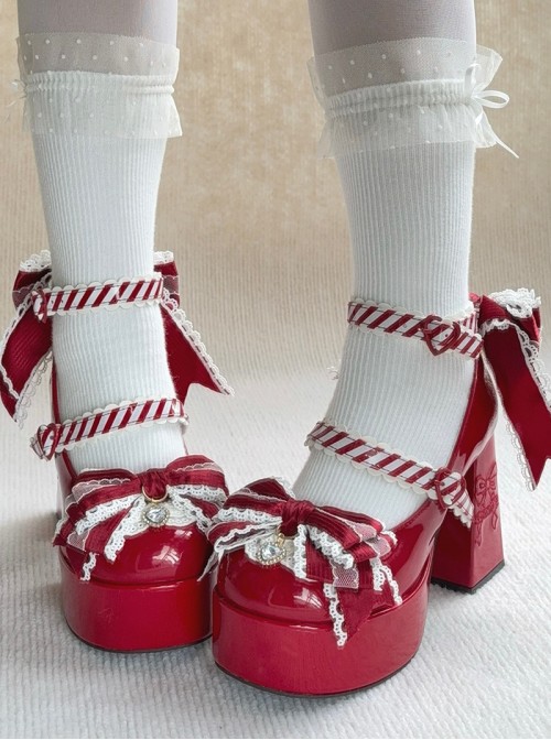 Fallen Cherry Dream Series Exquisite Bowknot Lace Cute Stripes Heart Diamond Pearl Decoration Sweet Lolita High Heel Leather Shoes