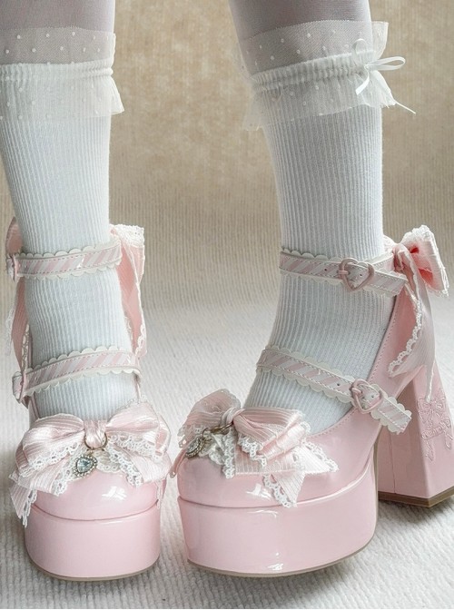 Fallen Cherry Dream Series Exquisite Bowknot Lace Cute Stripes Heart Diamond Pearl Decoration Sweet Lolita High Heel Leather Shoes