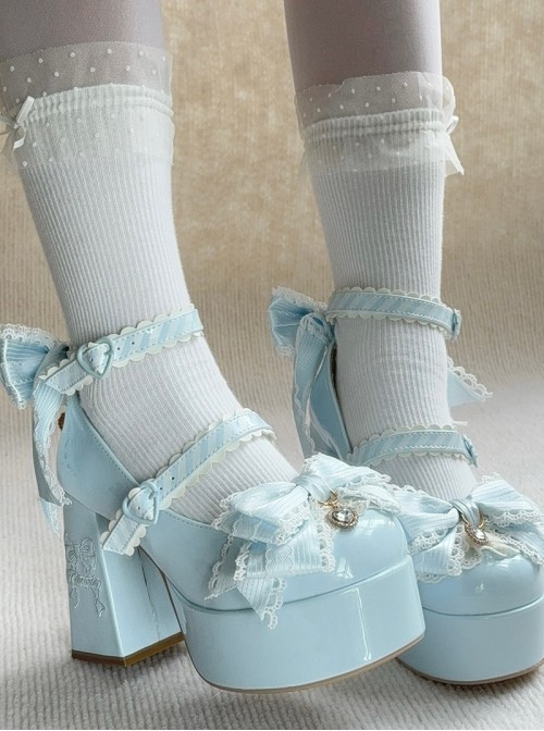 Fallen Cherry Dream Series Exquisite Bowknot Lace Cute Stripes Heart Diamond Pearl Decoration Sweet Lolita High Heel Leather Shoes