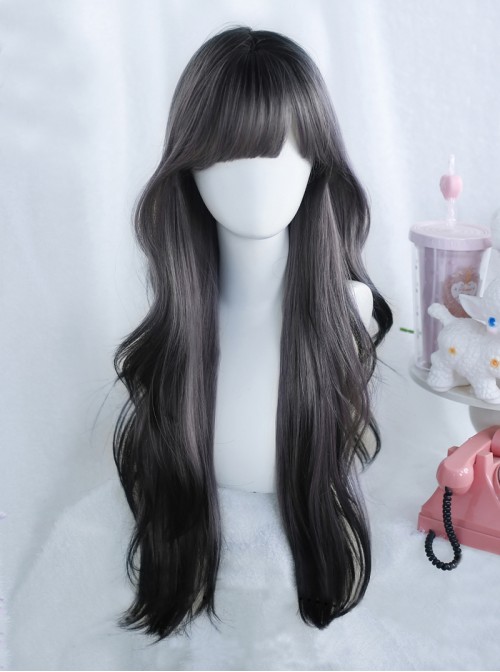 Night Ember Series Black Purple Gradient Natural All Match Bangs Gradient Daily Full Head Wig Classic Lolita Long Curly Hair Wig