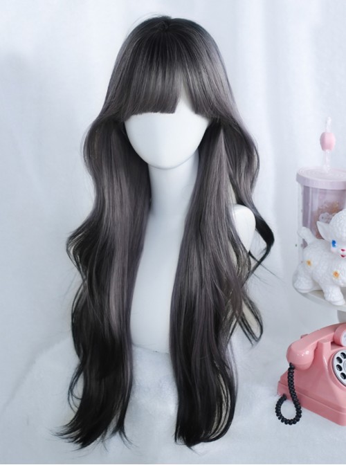 Night Ember Series Black Purple Gradient Natural All Match Bangs Gradient Daily Full Head Wig Classic Lolita Long Curly Hair Wig