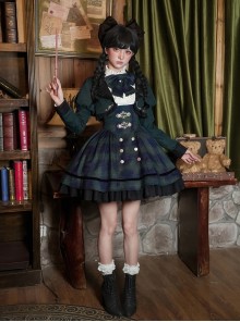 Berlin Souvenir Series Elegant Blue Green Plaid Button Lace Ruffle Decoration School Lolita Sleeveless Dress Shirt Short Coat Bowknot Tie Set