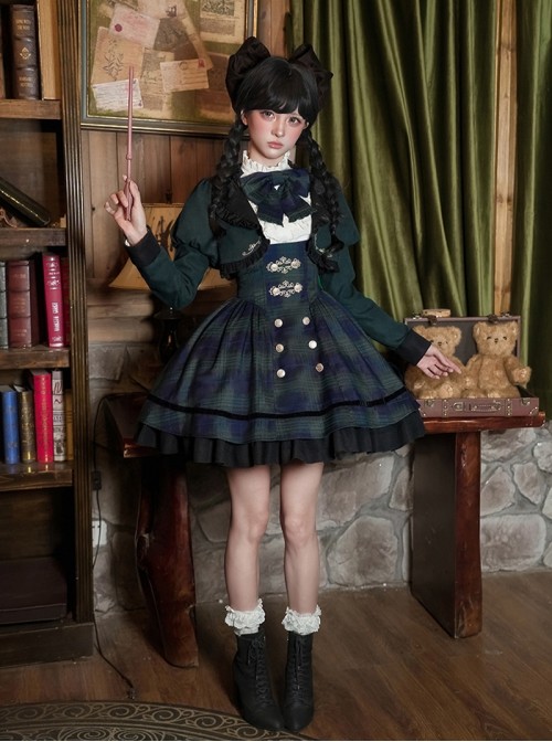 Berlin Souvenir Series Elegant Blue Green Plaid Button Lace Ruffle Decoration School Lolita Sleeveless Dress Shirt Short Coat Bowknot Tie Set