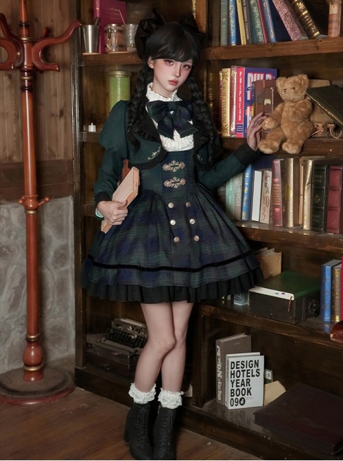 Berlin Souvenir Series Elegant Blue Green Plaid Button Lace Ruffle Decoration School Lolita Sleeveless Dress Shirt Short Coat Bowknot Tie Set
