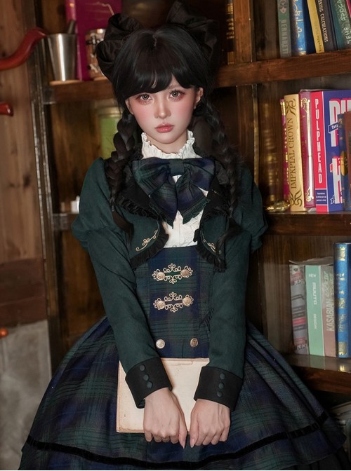 Berlin Souvenir Series Elegant Blue Green Plaid Button Lace Ruffle Decoration School Lolita Sleeveless Dress Shirt Short Coat Bowknot Tie Set
