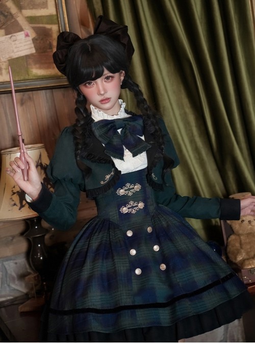 Berlin Souvenir Series Elegant Blue Green Plaid Button Lace Ruffle Decoration School Lolita Sleeveless Dress Shirt Short Coat Bowknot Tie Set