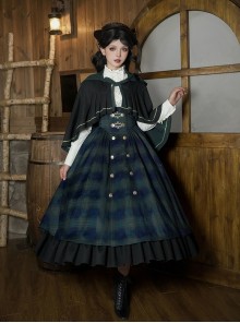 Berlin Souvenir Series Retro Blue Green Plaid Elegant Button Gold Trim Preppy School Lolita Sleeveless Dress Shirt Cape Bowknot Tie Set