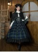 Berlin Souvenir Series Retro Blue Green Plaid Elegant Button Gold Trim Preppy School Lolita Sleeveless Dress Shirt Cape Bowknot Tie Set