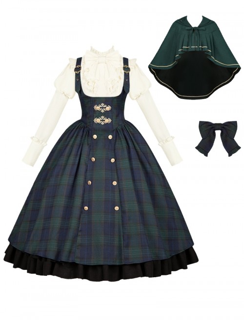 Berlin Souvenir Series Retro Blue Green Plaid Elegant Button Gold Trim Preppy School Lolita Sleeveless Dress Shirt Cape Bowknot Tie Set