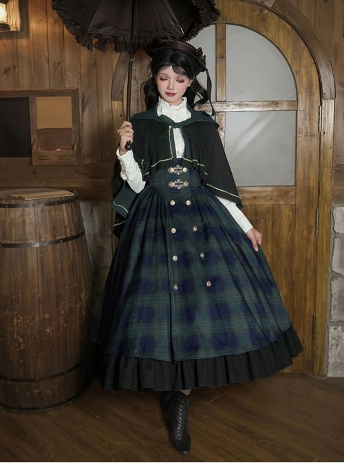 Berlin Souvenir Series Retro Blue Green Plaid Elegant Button Gold Trim Preppy School Lolita Sleeveless Dress Shirt Cape Bowknot Tie Set