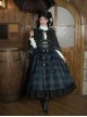 Berlin Souvenir Series Retro Blue Green Plaid Elegant Button Gold Trim Preppy School Lolita Sleeveless Dress Shirt Cape Bowknot Tie Set