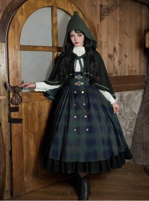 Berlin Souvenir Series Retro Blue Green Plaid Elegant Button Gold Trim Preppy School Lolita Sleeveless Dress Shirt Cape Bowknot Tie Set