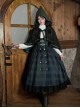 Berlin Souvenir Series Retro Blue Green Plaid Elegant Button Gold Trim Preppy School Lolita Sleeveless Dress Shirt Cape Bowknot Tie Set
