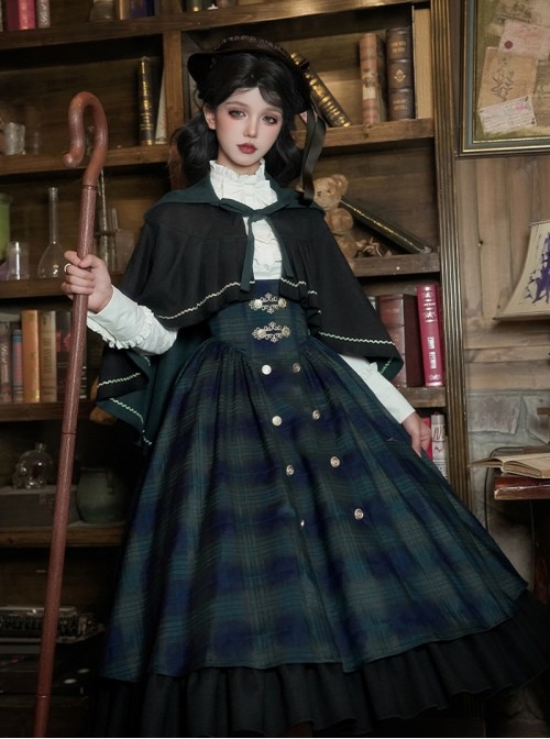 Berlin Souvenir Series Retro Blue Green Plaid Elegant Button Gold Trim Preppy School Lolita Sleeveless Dress Shirt Cape Bowknot Tie Set