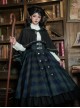 Berlin Souvenir Series Retro Blue Green Plaid Elegant Button Gold Trim Preppy School Lolita Sleeveless Dress Shirt Cape Bowknot Tie Set