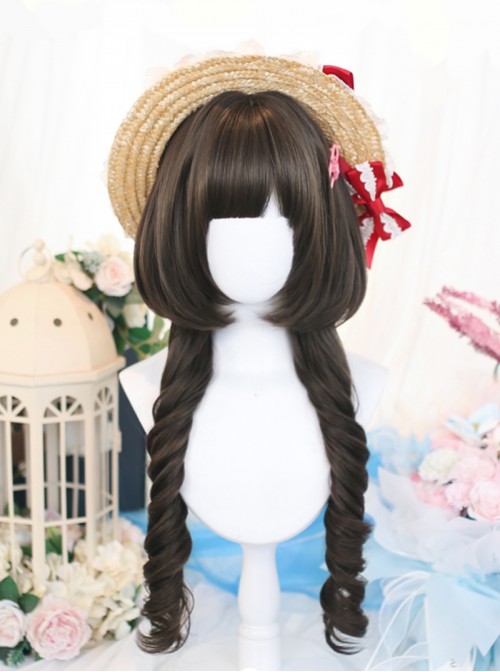 Sweet Series Dark Brown Bangs Jellyfish Head Full Head Set Double Ponytail Big Wave Sweet Lolita Wig