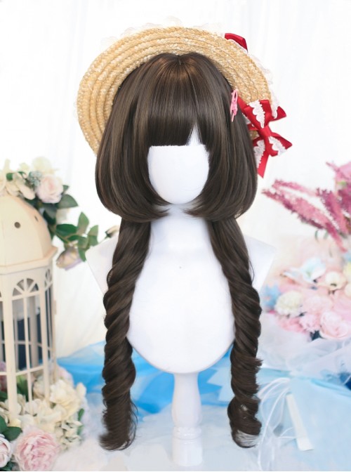 Sweet Series Dark Brown Bangs Jellyfish Head Full Head Set Double Ponytail Big Wave Sweet Lolita Wig