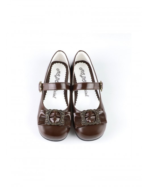 Cocoa Frame Series Elegant Retro Metal Buckle Bowknot Decoration Round Toe Classic Lolita Flats Shoes