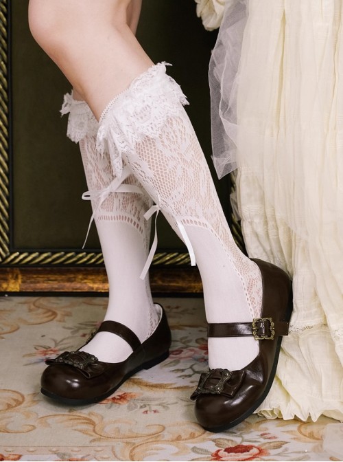Cocoa Frame Series Elegant Retro Metal Buckle Bowknot Decoration Round Toe Classic Lolita Flats Shoes