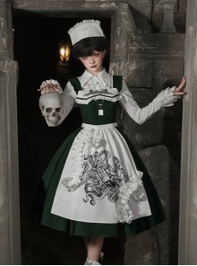 Abyss Clinic Series Dark Green Lace Stand Up Collar Gothic Lolita Sleeveless Dress Apron Tentacle Decorated Nurse Cap Necklace Shirt Set