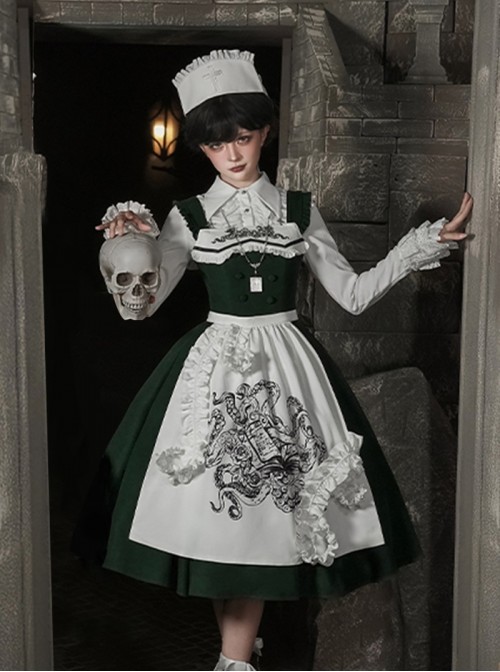 Abyss Clinic Series Dark Green Lace Stand Up Collar Gothic Lolita Sleeveless Dress Apron Tentacle Decorated Nurse Cap Necklace Shirt Set
