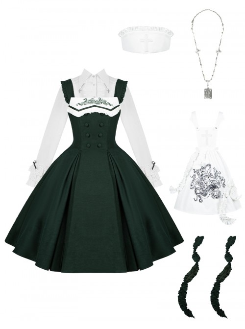 Abyss Clinic Series Dark Green Lace Stand Up Collar Gothic Lolita Sleeveless Dress Apron Tentacle Decorated Nurse Cap Necklace Shirt Set