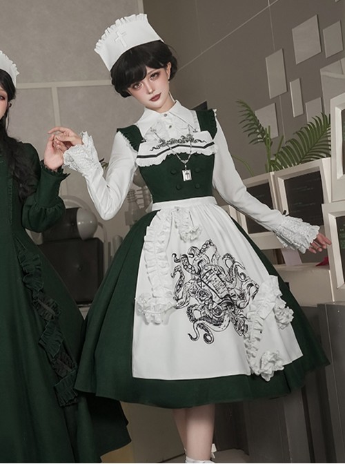 Abyss Clinic Series Dark Green Lace Stand Up Collar Gothic Lolita Sleeveless Dress Apron Tentacle Decorated Nurse Cap Necklace Shirt Set