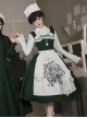 Abyss Clinic Series Dark Green Lace Stand Up Collar Gothic Lolita Sleeveless Dress Apron Tentacle Decorated Nurse Cap Necklace Shirt Set
