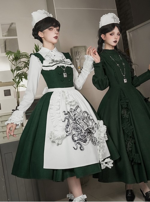 Abyss Clinic Series Dark Green Lace Stand Up Collar Gothic Lolita Sleeveless Dress Apron Tentacle Decorated Nurse Cap Necklace Shirt Set