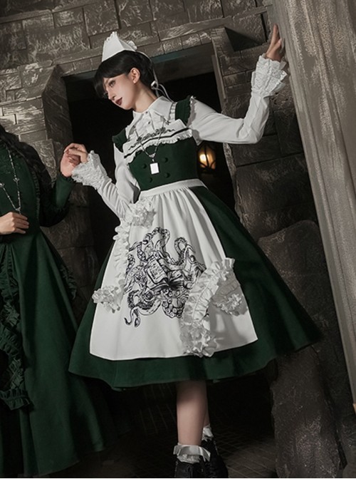 Abyss Clinic Series Dark Green Lace Stand Up Collar Gothic Lolita Sleeveless Dress Apron Tentacle Decorated Nurse Cap Necklace Shirt Set