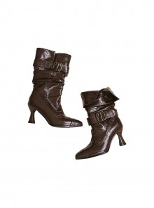 Paris Old Dream Series Retro Elegant Metal Buckle Decoration Pointed Toe Classic Lolita Pleated Stiletto Boots