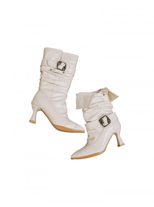 Paris Old Dream Series Retro Elegant Metal Buckle Decoration Pointed Toe Classic Lolita Pleated Stiletto Boots
